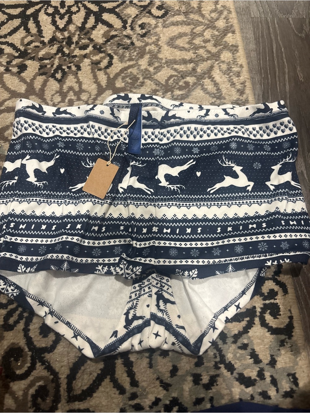 Skims Navy and White Reindeer Pattern Holiday Shorts